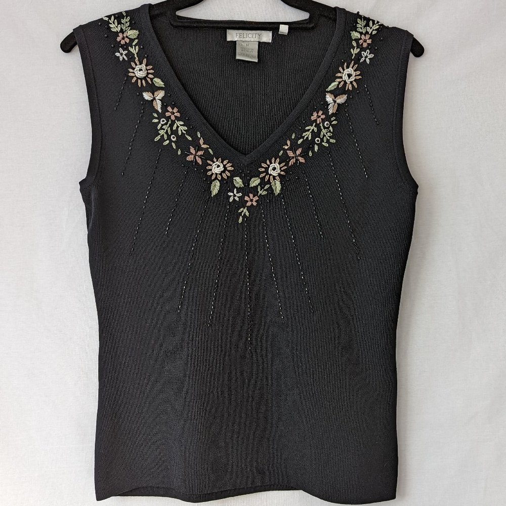 Vintage Embroidered Black Sweater Vest Size Medium